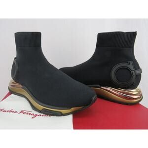 NIB FERRAGAMO GARDENA BLACK KNIT GANCINI LOGO PULL ON HIGH TOP SOCK BOOTS 10.5 C
